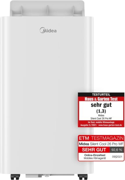 Midea Mobiles Klimagerät Silent Cool 26 Pro WF, 3-in-1 Klimaanlage mit Abluftschlauch, Kühlen&Entfeuchten&Ventilieren, 9000 BTU, 2.6kW, für Räume ca. 80m³(32㎡), EEK A
