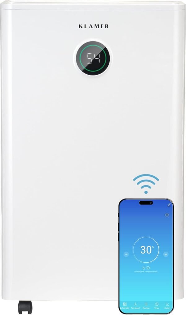 KLAMER Luftentfeuchter elektrisch 25L in 24h mit 5,5L Tank – Leiser, energieeffizienter Raumentfeuchter mit Smart Sensor, Timer & Wäschemodus – Gegen Schimmel, Feuchtigkeit & Kondenswasser