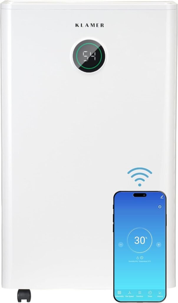 KLAMER Luftentfeuchter elektrisch 25L in 24h mit 5,5L Tank – Leiser, energieeffizienter Raumentfeuchter mit Smart Sensor, Timer & Wäschemodus – Gegen Schimmel, Feuchtigkeit & Kondenswasser
