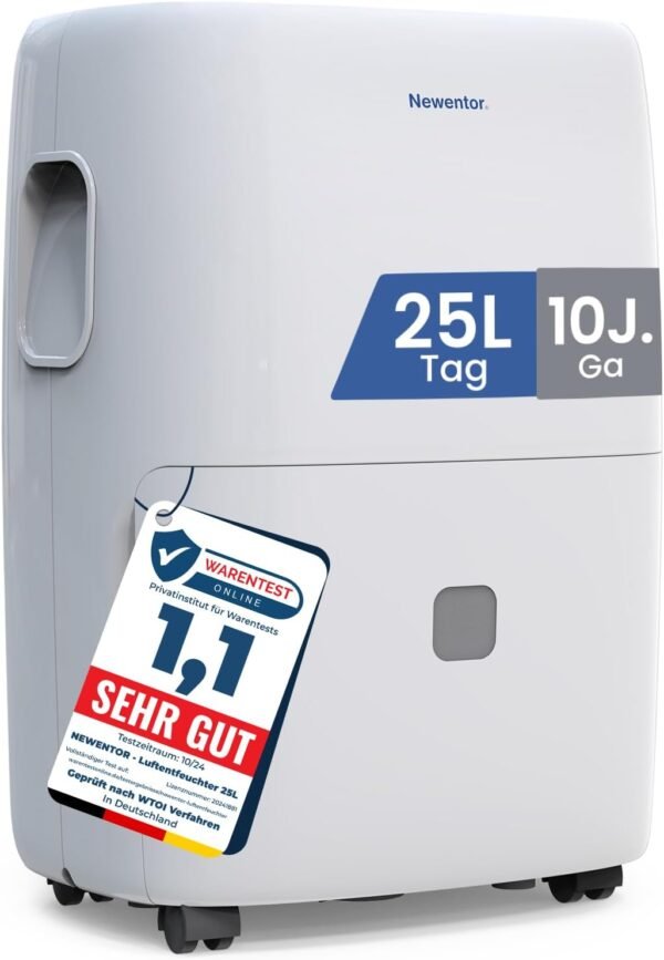 Newentor Luftentfeuchter elektrisch 25L, Entfeuchter elektrisch keller, Raumentfeuchter elektrisch, Dehumidifiers for home für 215m³/80m², mit Timer, Filter, Ablaufschlauch, 10 J. Gar.