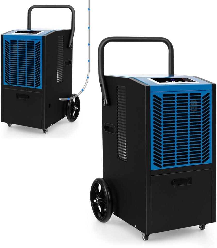 FANTASK Luftentfeuchter mit 4 Rädern, Bautrockner 66 L/Tag mit Pumpe & Ablaufschlauch, Industrie Trocknungsgerät mit 24H Timer für Keller Baustelle Lager, Blau