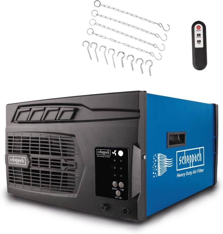 Scheppach Luftreiniger HDA-14 | 740 m³/h Luftfilterleistung | für Werkstätten bis 400m² | 3 Stufen Filtration bis 1 μm | 50 dB Lautstärke | inkl. Fernbedienung & Wandaufhängung | Luftreinigungssystem