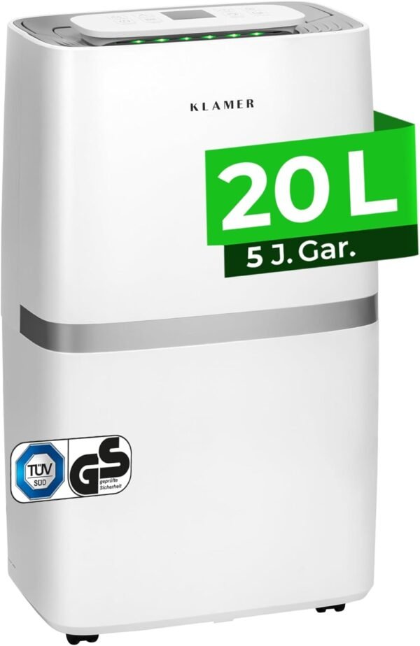 KLAMER Luftentfeuchter elektrisch 20L in 24h mit 5,5L Tank – Leiser, energieeffizienter Raumentfeuchter mit Smart Sensor, Timer & Wäschemodus – Gegen Schimmel, Feuchtigkeit & Kondenswasser