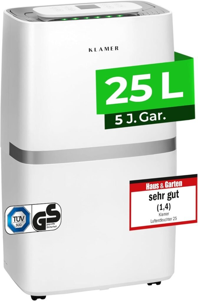 KLAMER Luftentfeuchter elektrisch 25L in 24h mit 5,5L Tank – Leiser, energieeffizienter Raumentfeuchter mit Smart Sensor, Timer & Wäschemodus – Bei Schimmel, Feuchtigkeit & Kondenswasser