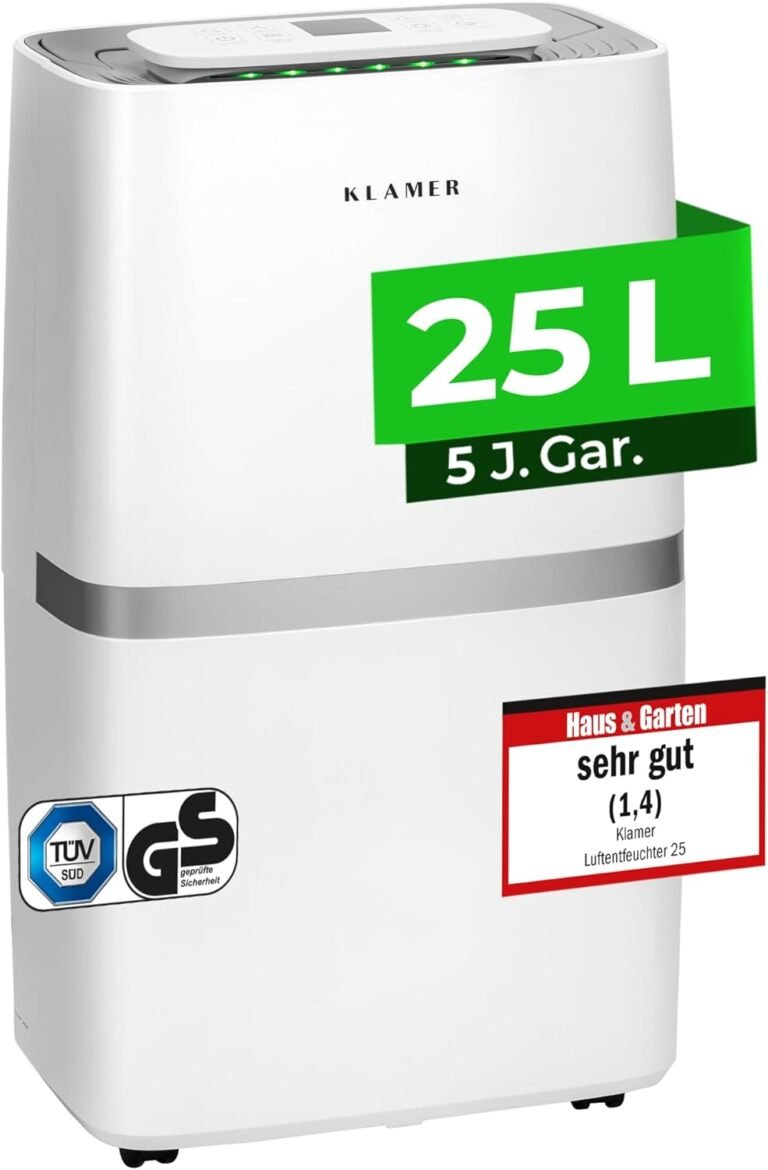 KLAMER Luftentfeuchter elektrisch 25L in 24h mit 5,5L Tank – Leiser, energieeffizienter Raumentfeuchter mit Smart Sensor, Timer & Wäschemodus – Bei Schimmel, Feuchtigkeit & Kondenswasser