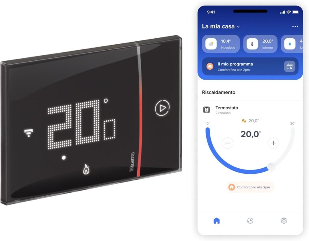 BTicino SXG8002 – Intelligenter WLAN-Thermostat Smarther2 mit Netatmo, Unterputz-Thermostat, programmierbar, EIN-/Aus-Steuerung auch mit App, Alexa und Google, Anzeige der Luftfeuchtigkeit, Schwarz