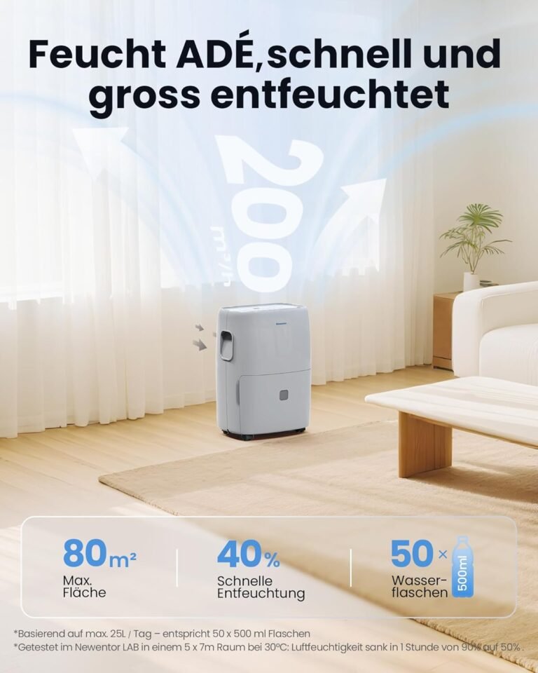 Newentor Luftentfeuchter elektrisch 25L, Entfeuchter elektrisch keller, Raumentfeuchter elektrisch, Dehumidifiers for home für 215m³/80m², mit Timer, Filter, Ablaufschlauch, 10 J. Gar.