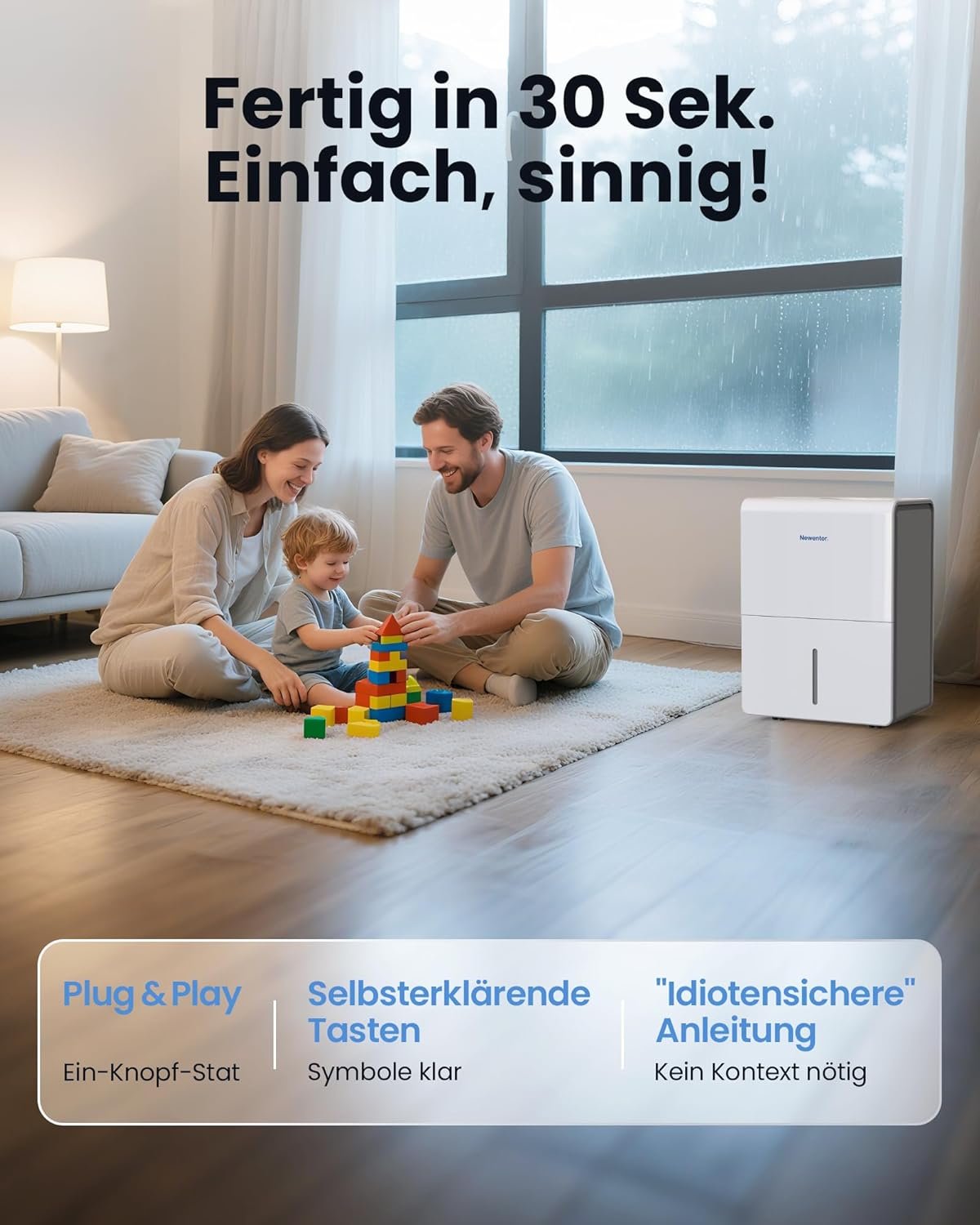 Newentor Luftentfeuchter 25L/24h, Für 215m³/80m² Räume - 3 fache Geräuschreduktion - Stromsparender Chip - Einfache Bedienung - 10 J. Gar. - Mit 1M Ablaufschlauch&Abnehmbarem Filter, Timer