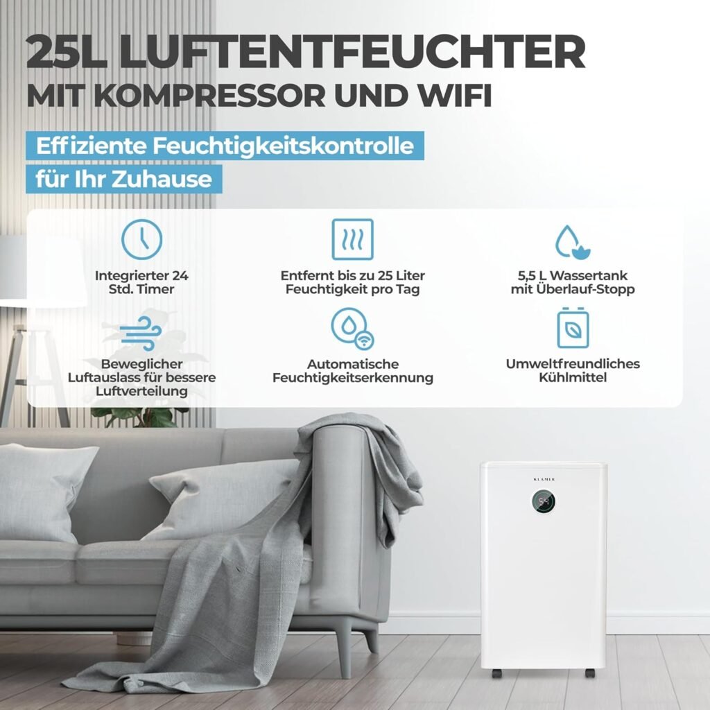 KLAMER Luftentfeuchter elektrisch 25L in 24h mit 5,5L Tank – Leiser, energieeffizienter Raumentfeuchter mit Smart Sensor, Timer & Wäschemodus – Gegen Schimmel, Feuchtigkeit & Kondenswasser
