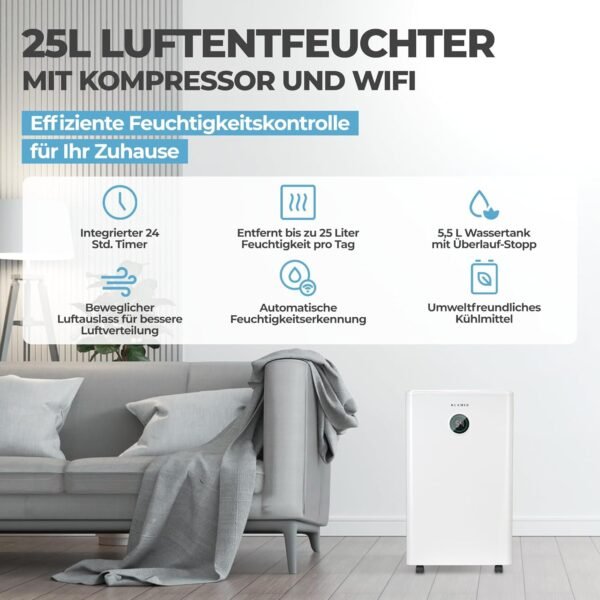 KLAMER Luftentfeuchter elektrisch 25L in 24h mit 5,5L Tank – Leiser, energieeffizienter Raumentfeuchter mit Smart Sensor, Timer & Wäschemodus – Gegen Schimmel, Feuchtigkeit & Kondenswasser