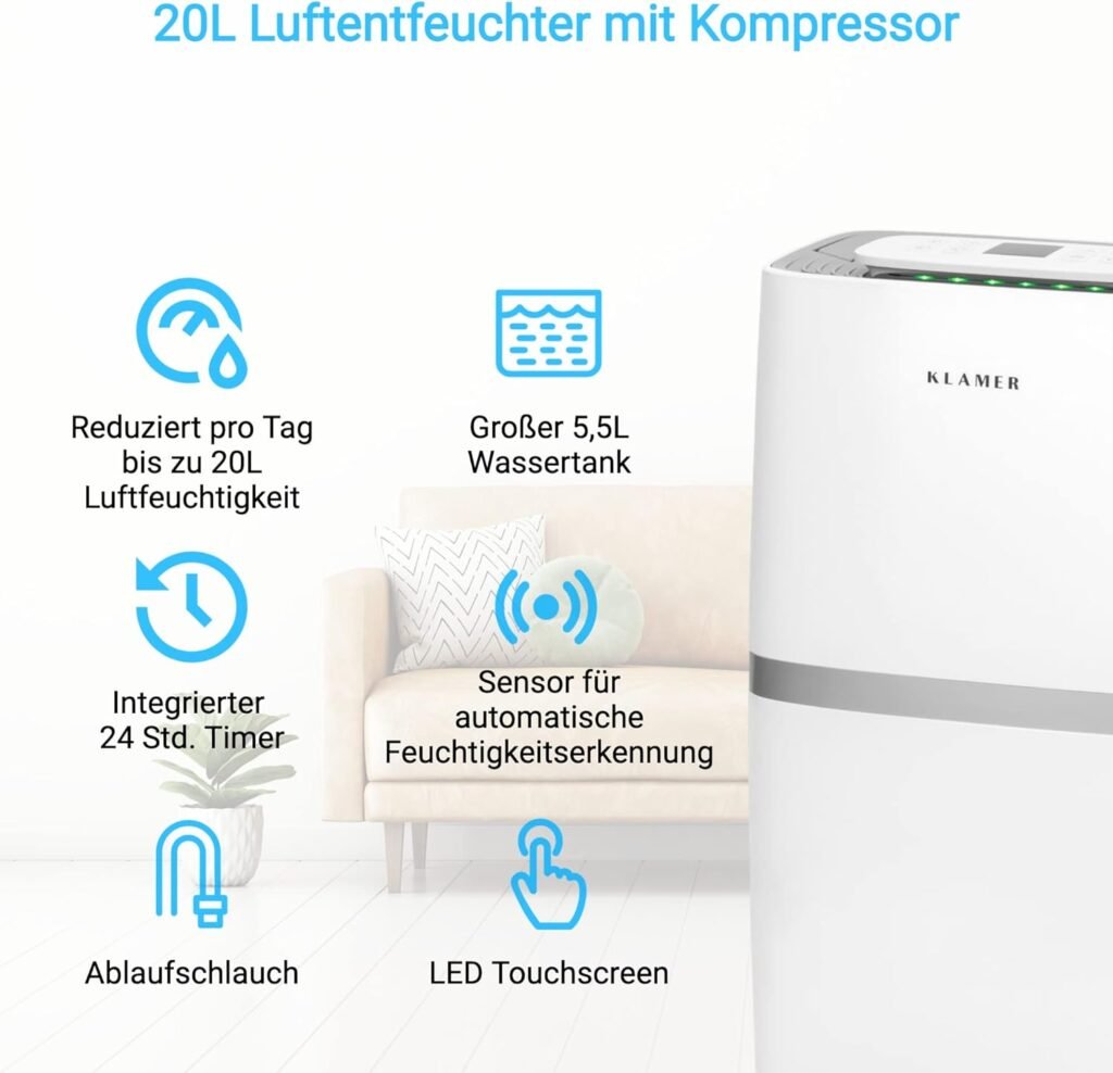 KLAMER Luftentfeuchter elektrisch 20L in 24h mit 5,5L Tank – Leiser, energieeffizienter Raumentfeuchter mit Smart Sensor, Timer & Wäschemodus – Gegen Schimmel, Feuchtigkeit & Kondenswasser