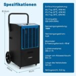 FANTASK Luftentfeuchter mit 4 Rädern, Bautrockner 66 L/Tag mit Pumpe & Ablaufschlauch, Industrie Trocknungsgerät mit 24H Timer für Keller Baustelle Lager, Blau