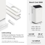 Bosch Cool 5000 Mobiles Klimagerät - 3-in-1 Klimaanlage, Luftentfeuchter, Ventilator - 3,4 kW für Räume bis zu 46 m² - Mit Auto-Modus, Silent-Modus Sleep-Modus