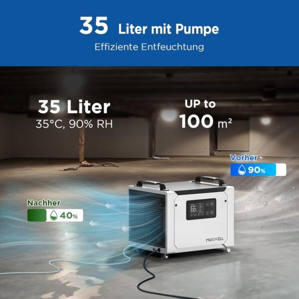 Luftentfeuchter mit Pumpe 35 L/Tag – Effektiv gegen feuchte Räume & Schimmel, für Keller, Kriechkeller, Bad, Schlafzimmer & Waschküche, leise, mobil, mit Display und Timer