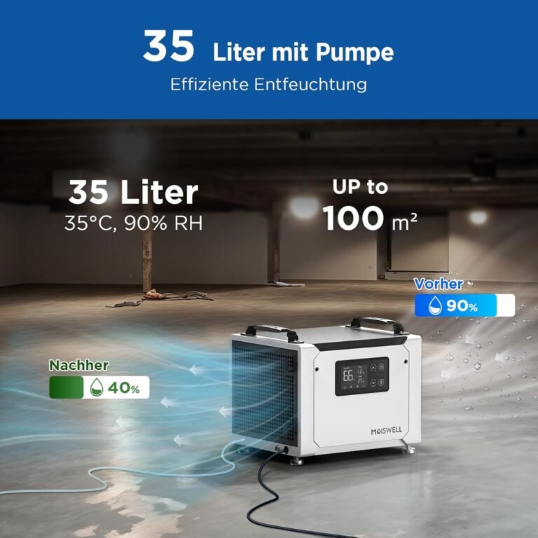 Luftentfeuchter mit Pumpe 35 L/Tag – Effektiv gegen feuchte Räume & Schimmel, für Keller, Kriechkeller, Bad, Schlafzimmer & Waschküche, leise, mobil, mit Display und Timer