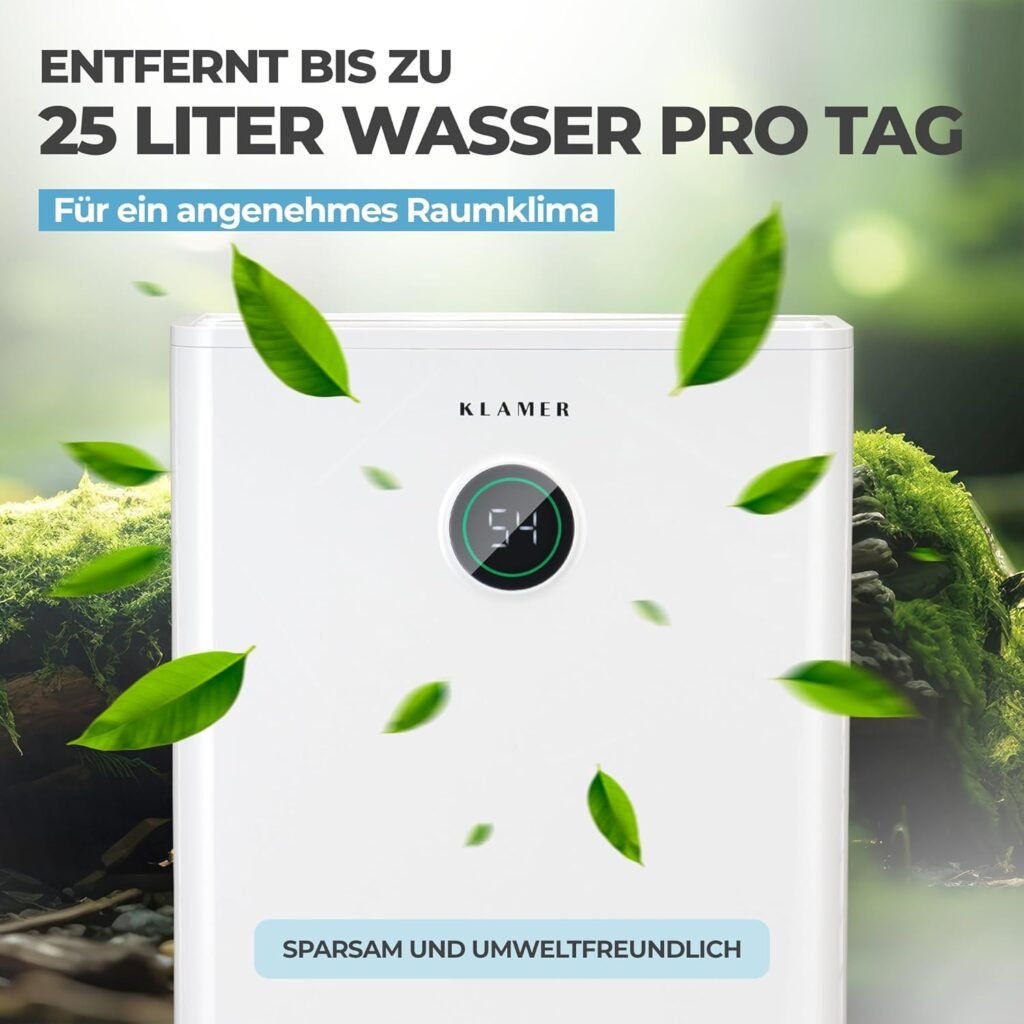 KLAMER Luftentfeuchter elektrisch 25L in 24h mit 5,5L Tank – Leiser, energieeffizienter Raumentfeuchter mit Smart Sensor, Timer & Wäschemodus – Gegen Schimmel, Feuchtigkeit & Kondenswasser