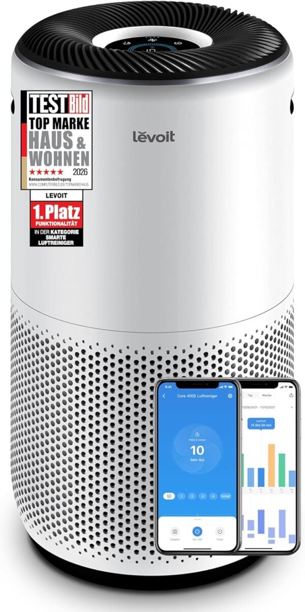 LEVOIT Core 400S HEPA Luftreiniger für Allergiker, HEPA + Aktivkohlefilter, CADR 433 m³/h bis 90 m², für Wohnung & Schlafzimmer & Raucherzimmer, leise, PM2,5 Anzeige, Automodus, App & Alexa