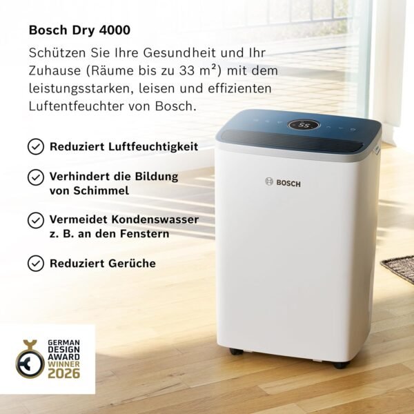 Bosch Dry 4000 Luftentfeuchter - Einfach. Effizient. Leise. - Für Räume bis zu 33 m² - Ideal für Deine Wohnung die schnelle Trocknung Deiner Wäsche