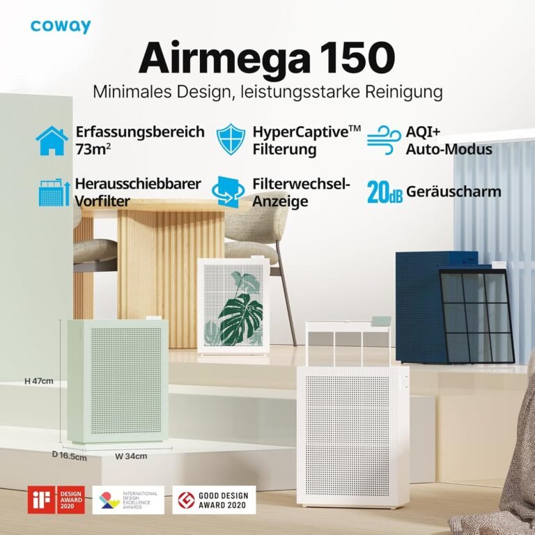 COWAY Luftreiniger Allergiker Zuhause Schlafzimmer air purifier, ECARF & Quiet Mark, Sleep Mode 20 dB, Vorfilter oben entnehmbar und waschbar, Allergie Rauch Pollen Haustiere, Airmega 150, Marineblau