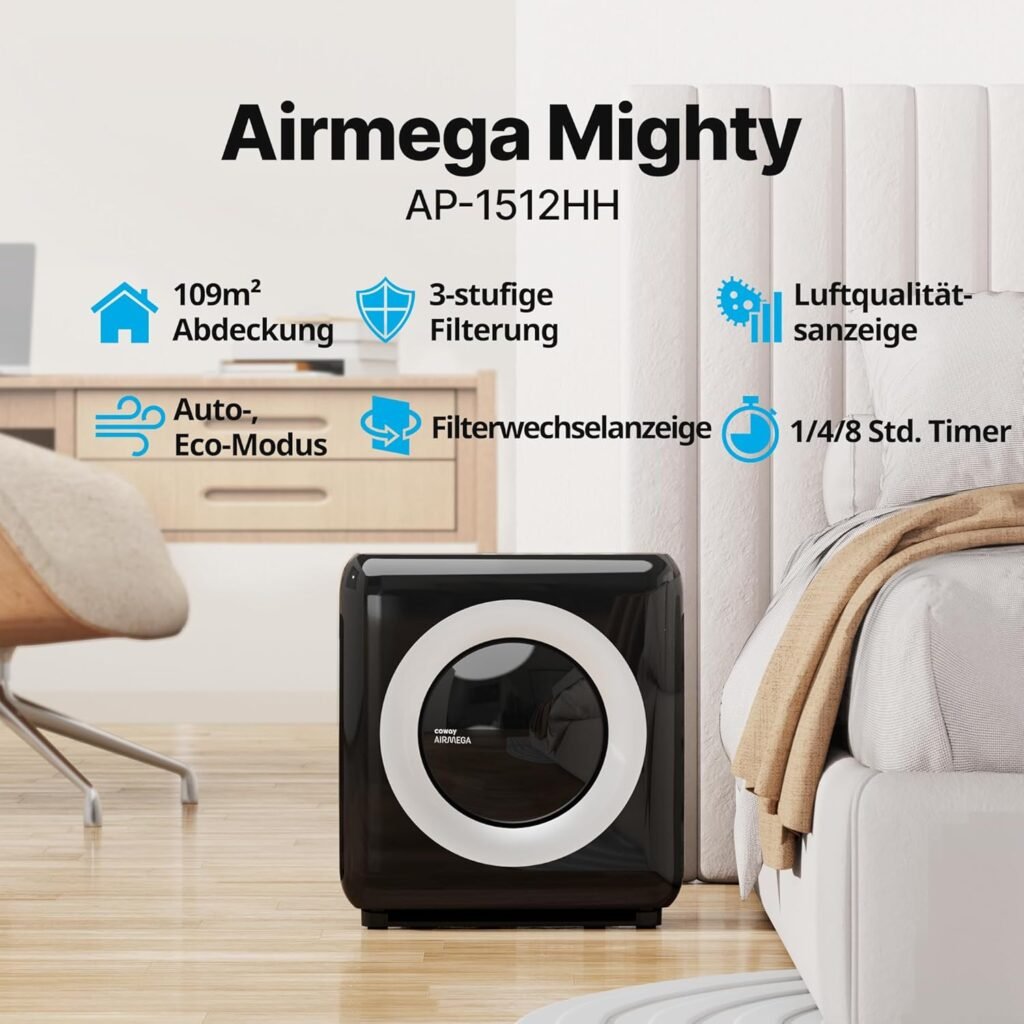 COWAY Luftreiniger Allergiker, Energiesparender ECO-Modus, Entfernt 99,999% der schädlichen Partikel bis zu 0,01 µm, für Allergie (ECARF Siegel) Staub Pollen, CADR 421m³/h, ap-1512hh MIGHTY (Schwarz)