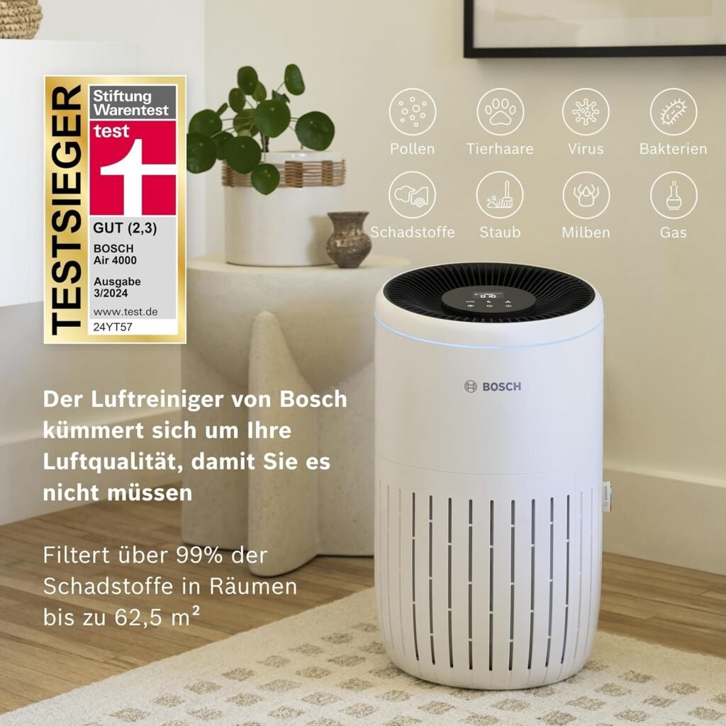 Bosch Air 4000 Luftreiniger - Für Räume bis zu 62,5 m² - Entfernt effizient Schadstoffe - Mit 3-in-1 Luftfilter, Smart Sensor, Automatikmodus, Ruhemodus (< 25 dB(A)) - CADR: 300 m³/h