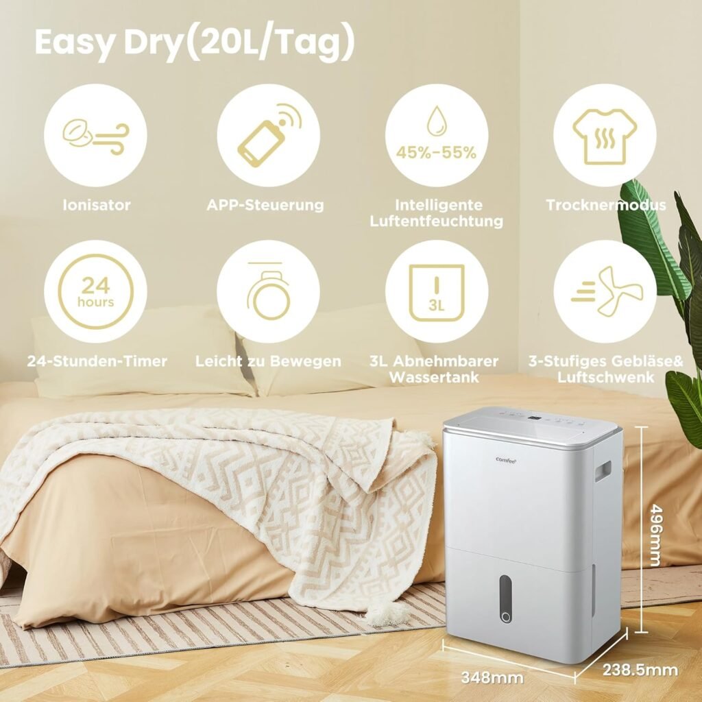 COMFEE' Luftentfeuchter Easy Dry 20L/Tag, 4 Modi, Luftbefeuchter angeschlossen, 3 l Tank, Wäschetrockner, Swing-Funktion, für Räume von 40㎡/100 m³, Weiß