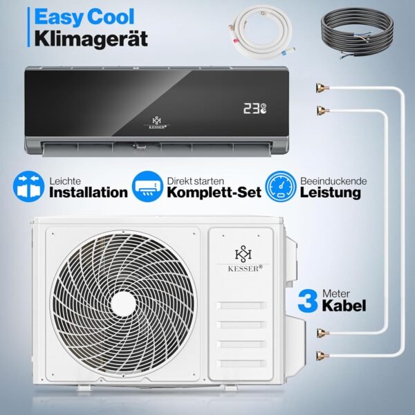 KESSER® Klimaanlage Set Split - mit WiFi/App Funktion Klimagerät - Kühlen A++/ Heizen A+ - 9000 BTU/h (2.600 Watt) Sehr Leise, Kältemittel R32 - Fernbedienung, Timerfunktion - Inkl. Montagematerial