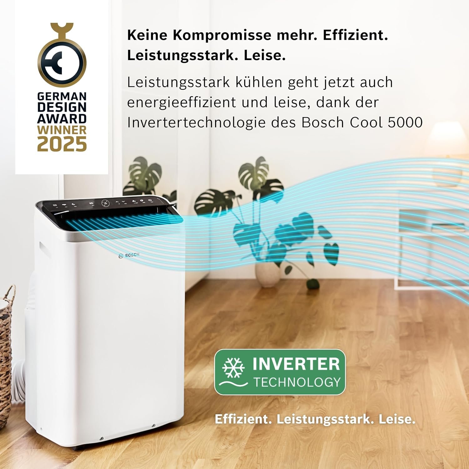 Bosch Cool 5000 Mobiles Klimagerät - 3-in-1 Klimaanlage, Luftentfeuchter, Ventilator - 3,4 kW für Räume bis zu 46 m² - Mit Auto-Modus, Silent-Modus Sleep-Modus