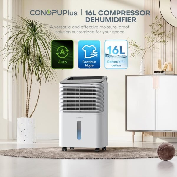 Luftentfeuchter 16L/Tag, Ultra-leiser Luftentfeuchter Elektrisch, Intelligentes Zentralsteuerungs, AUTO Modus, Feuchtigkeitsanzeige Licht, 24H Timer, Raumentfeuchter, Mehr Effizient