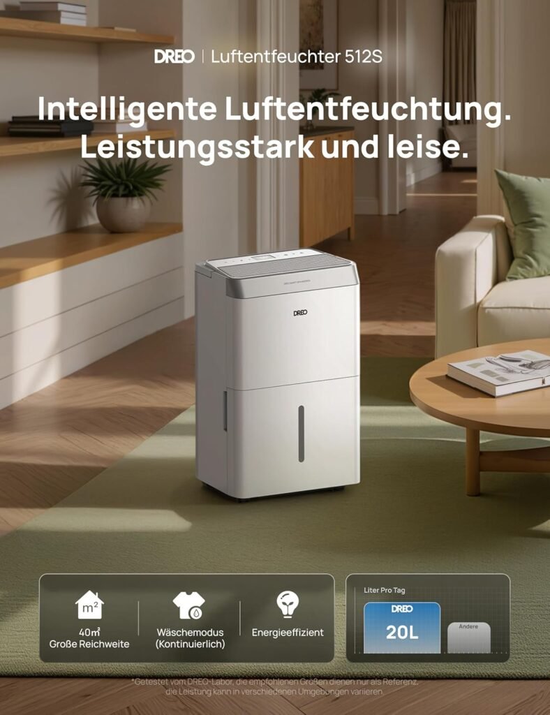 Dreo Luftentfeuchter elektrisch, App & WLAN, 20L/24h, Raumentfeuchter leise 35dB, 40m²/100m³, Entfeuchter energiesparend, 3 Modi, 3,4L Tank, Wäschetrockner & 24h Timer, für Schlafzimmer & Bad & Keller