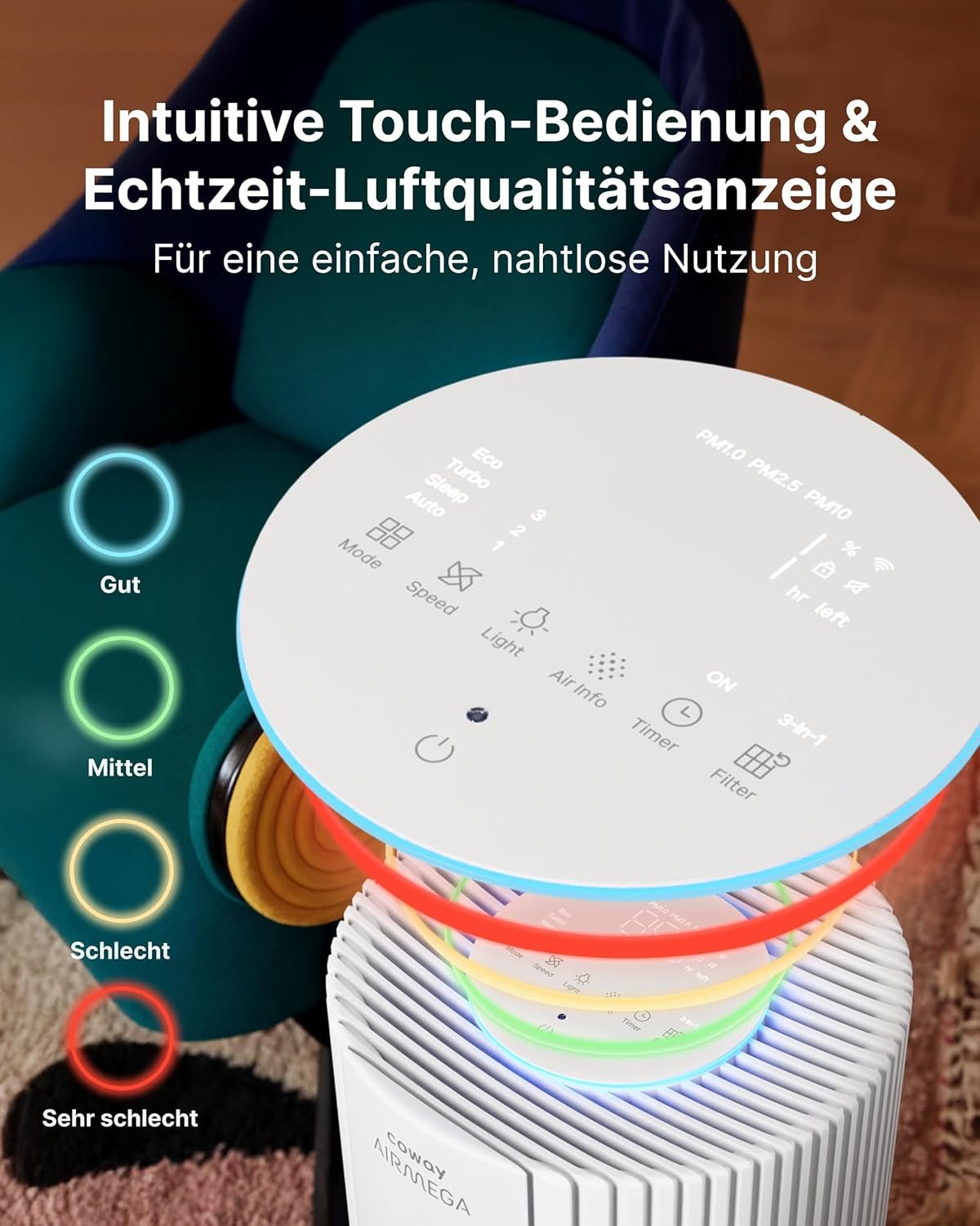 COWAY Luftreiniger für große Räume, CADR 734 m³/h, reinigt 153 m² in 30 Min., HEPA Filter gegen Rauch, Allergien, Tierhaare, Gerüche, PM1/2.5/10 AQI-Anzeige, Energiesparmodus, AIRMEGA 450 Weiß