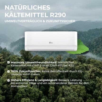 Kältebringer R290 Split Klimaanlage - 12000 BTU - 3,4 kW - Propan Klimagerät mit Heizfunktion, WiFi & App, bis 55qm, sehr leise - 5m Kupferleitung, Kältemittel R290, Montagematerial, Wandhalterung