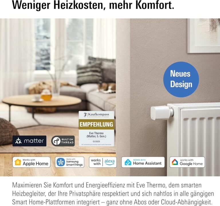 Eve Thermo (Matter, 5. Gen.) 4er Pack: Smartes Heizkörperthermostat, Heizkosten sparen, funktioniert mit Alexa, Apple Home, SmartThings, Google Home, benötigt Thread Border Router